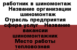 работник в шиномонтаж  › Название организации ­  шиномонтаж › Отрасль предприятия ­ сфера услуг › Название вакансии ­ шиномонтажник › Место работы ­ тепловозная 31 › Возраст от ­ 18 › Возраст до ­ 50 - Ленинградская обл., Санкт-Петербург г. Работа » Вакансии   . Ленинградская обл.,Санкт-Петербург г.